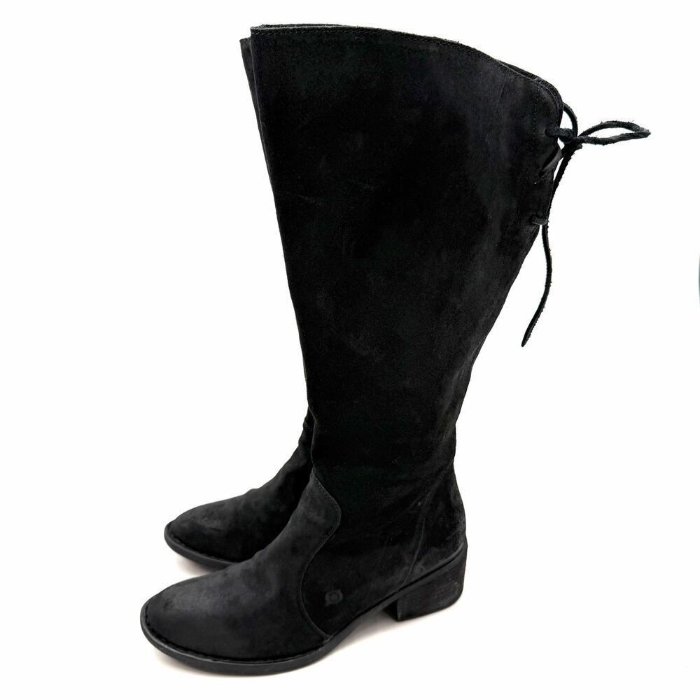 Born Felicia Distressed Black Suede Knee-High Lace & Side Zip Boots Womens 9.5 - Picture 5 of 12